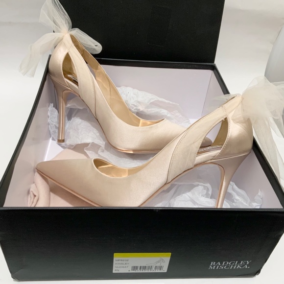 Badgley Mischka Kinsley Tulle Bow Detail Pumps Nude Stiletto Heel Evening Shoes - Picture 4 of 12